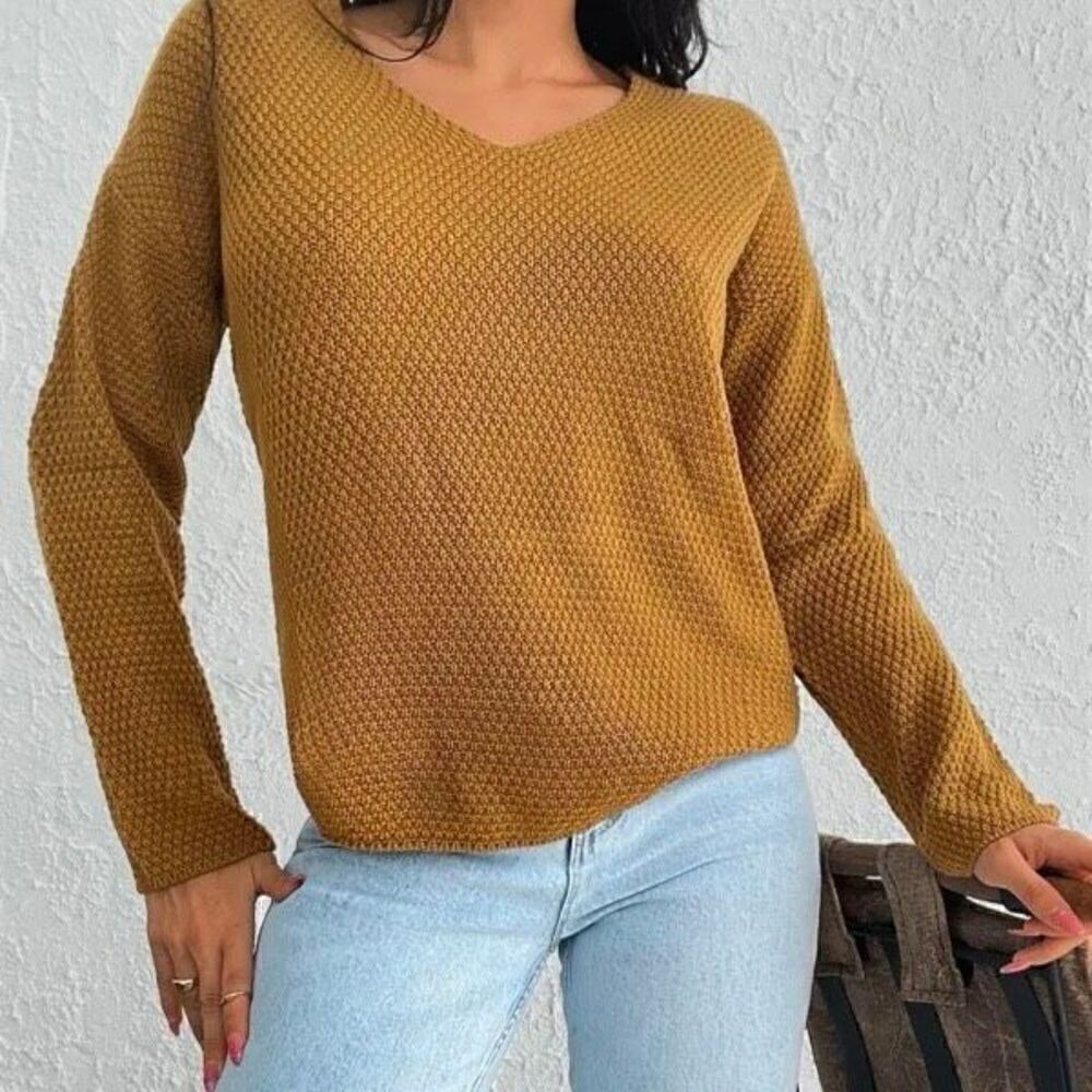 AQE FASHION Mustard Knitted V-Neck Sweater Size EU S